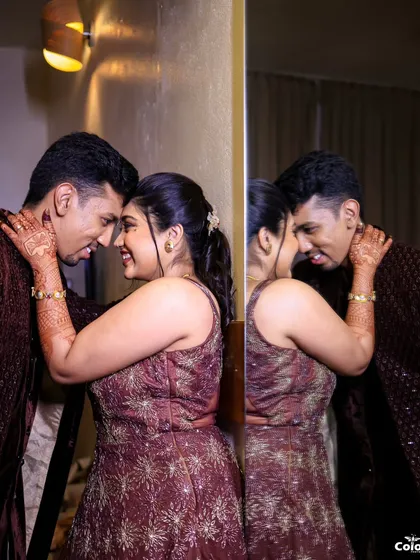 An intimate portrait using a mirror to create a beautiful reflection, capturing the couple's connection from multiple angles.