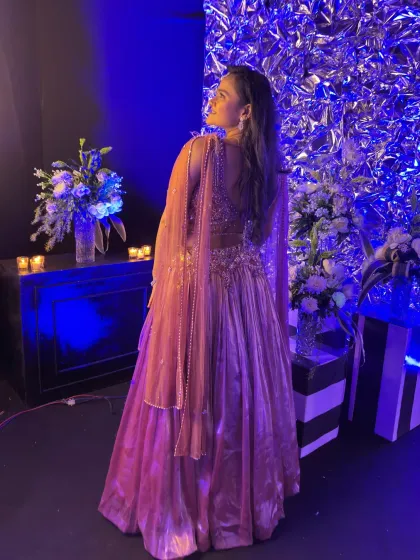 A back view of my Sangeet outfit, showing the intricate details and the beautiful fall of the fabric.