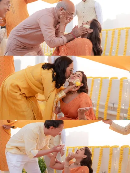 A collage of heartwarming moments as the bride receives blessings and haldi from her family members.