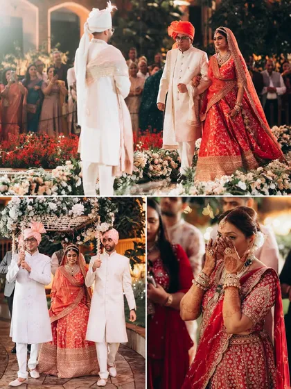 A collection of powerful moments from the wedding ceremony. The bride's entrance, the walk down the aisle, and a mother's happy tears all tell a part of the story.