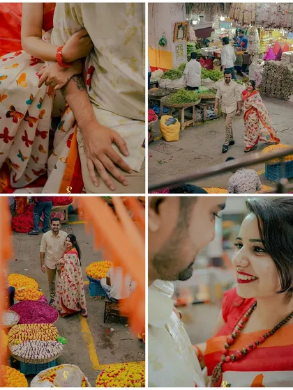 A four-part collage showing a mix of details, candid interactions, and posed shots. This format provides a wonderful summary of the photoshoot, capturing glances, smiles, and the overall atmosphere.
