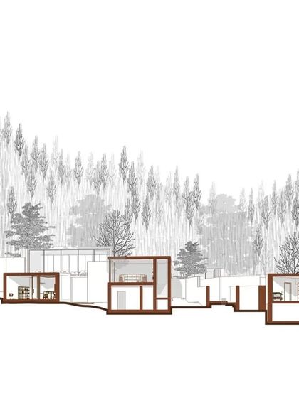 A sectional drawing of the "Spontaneous Encounters" project, showing how individual living units are placed along a contoured site to create a village-like community.