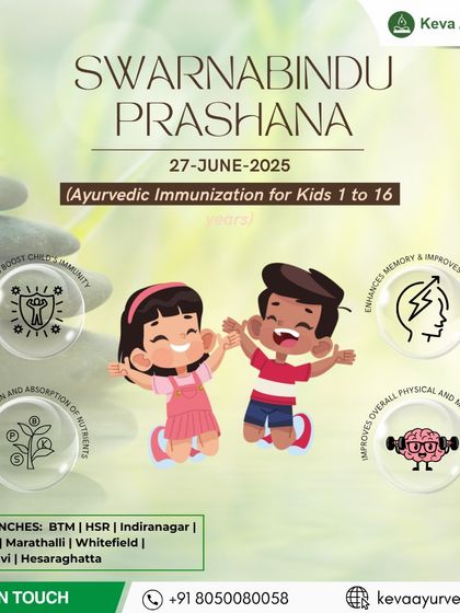 This illustrated graphic shows two happy children surrounded by icons representing the key benefits of Swarnabindu Prashana. These include boosting immunity, enhancing memory, improving digestion, and supporting overall physical and mental health.