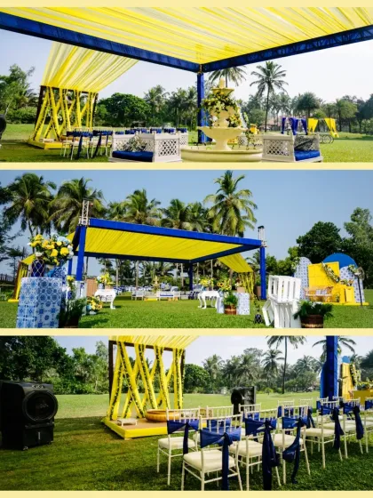 A collage showcasing the stunning yellow and blue themed decor for an outdoor Haldi ceremony in Goa, complete with floral arrangements and seating.