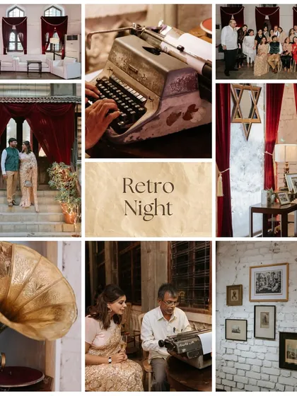 A mood board for a "Retro Night" reception, featuring vintage props like a typewriter and gramophone, and rich velvet drapes for a nostalgic, elegant feel.