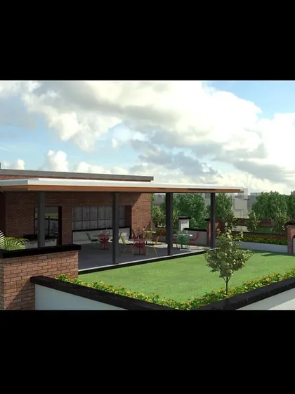 This render shows our design for the Miraya Brunton Apartments, featuring extensive use of brick cladding. The project includes a covered terrace and lawn area, creating a communal outdoor space for residents.
