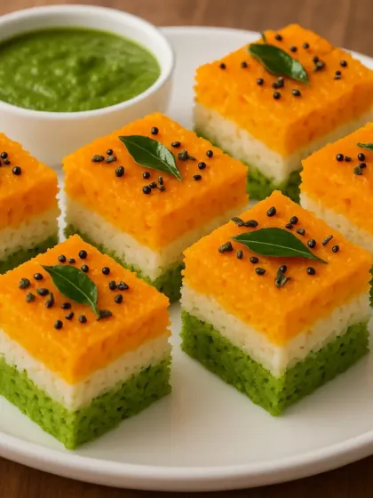 My Tiranga Dhokla served with a side of fresh green chutney. The combination of the soft, spongy dhokla and the tangy chutney is a taste of heaven.