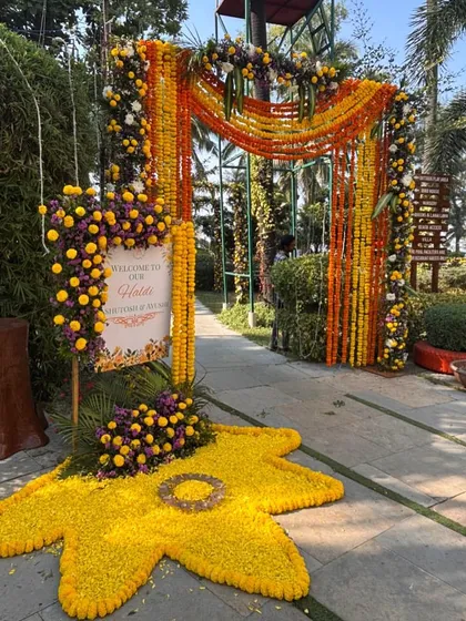 A grand entrance for a Haldi ceremony, featuring a massive arch decorated with marigold garlands. The floral rangoli on the ground adds a traditional and welcoming touch.