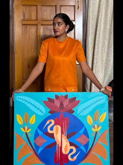 I really enjoyed creating this custom symmetrical painting from scratch. It features a central crane and lotus motif, using a vibrant palette of turquoise, orange, and red to tell a personal story for my client.