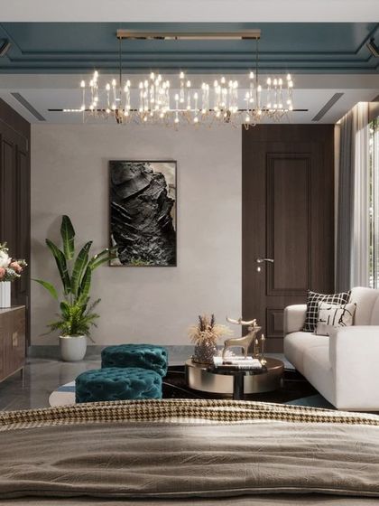 This luxury bedroom interior features a bold teal accent wall and a comfortable seating area, creating a multi-functional private space. The design combines rich colors, modern art, and warm lighting to craft a room that is both classy and inviting.