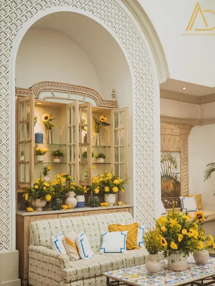 Another angle of the Haldi setup, highlighting the beautiful arched architecture of the venue, which I complemented with custom decor elements.