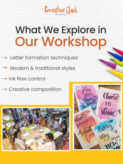 An informational graphic detailing what you can explore in my calligraphy workshop, from letter formation and ink control to creative composition.