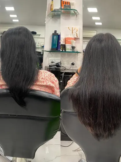 A side-by-side comparison showing a dramatic increase in length and volume using permanent keratin bond extensions in a professional salon setting.