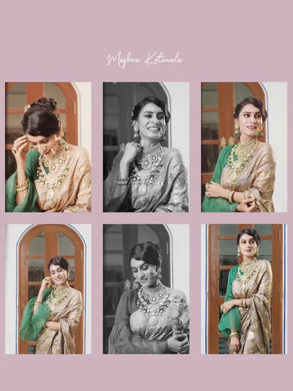 A collage showcasing the different angles and details of this stunning jewelry set. It gives a comprehensive view of how the choker, long necklace, earrings, and nath come together.