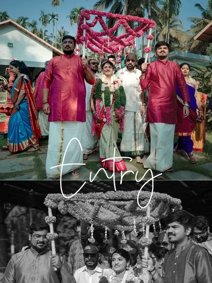A creative combination of color and black and white photos showing the bride's procession, adding an artistic touch to the traditional moment.