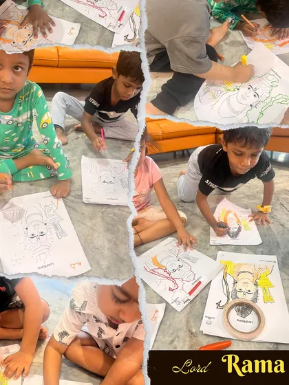 Exploring the epic of Ramayana through art. The children are focused on coloring pictures of Lord Rama, helping them visualize the characters from the story and connect with the narrative on a deeper level.