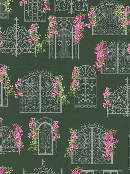 This 'Grill and Bougainvillea' wallpaper design features intricate illustrations of Mediterranean gates adorned with pink flowers on a dark green background.