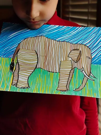 This detailed line art elephant required so much focus from my 6-year-old student, and he did it like a pro. It’s wonderful to see kids embrace dedication in their art.