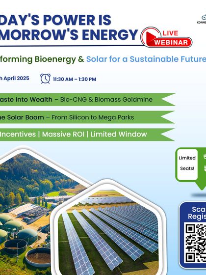 This ad promotes our hybrid energy session, focusing on the stability of dual-energy profits. It shows both a Bio-CNG plant and a solar farm, explaining how combining these ventures protects against market risks.