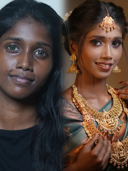 I absolutely love working on dusky skin tones, and this South Indian bridal transformation is a perfect example. I used techniques to bring out her warm undertones and create a radiant glow, proving that the right makeup celebrates, not conceals, beautiful deep complexions.