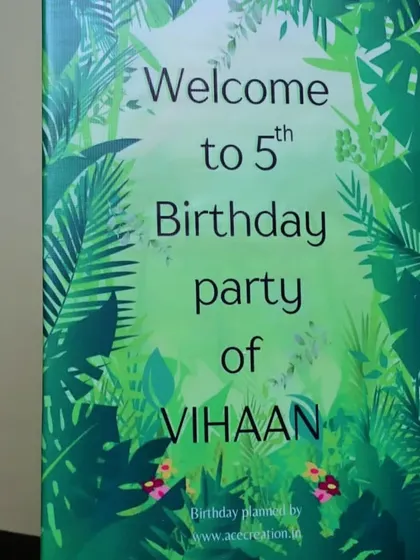 A jungle-themed welcome sign for Vihaan's 5th birthday, inviting guests into a world of adventure.