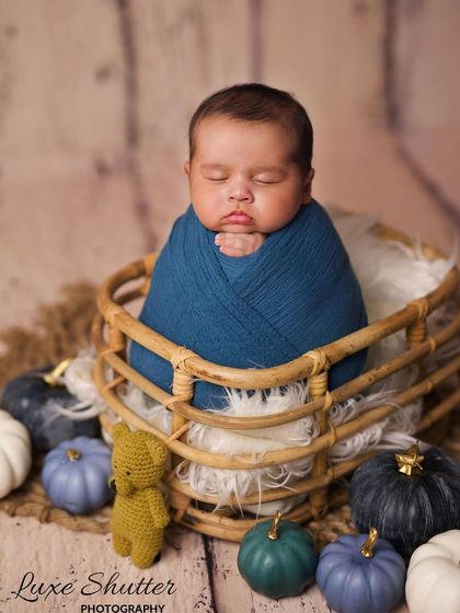 A close-up of the baby boy in his basket, surrounded by decorative pumpkins in shades of blue, white, and teal.
