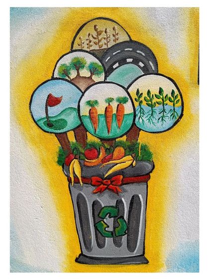 An identical close-up of the compost illustration. The details, from the carrots to the trees, are meant to be simple and clear, making the concept of bio-composting accessible to all.