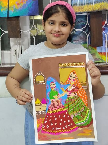 A colourful painting of two women celebrating Holi, created in a traditional style. A wonderful way to learn about culture through art.