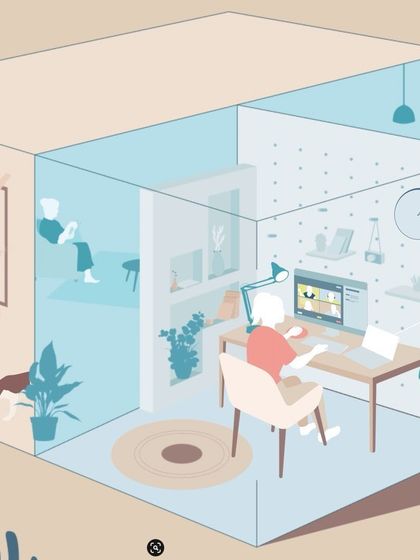 An isometric illustration for 'A Home New World,' showing different life activities contained within the transparent walls of a home. This visual concept clearly communicates the theme of colliding, overlapping worlds.