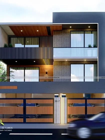 A 3D render for a duplex home, featuring dual parking gates and a modern facade with wood and grey tones.