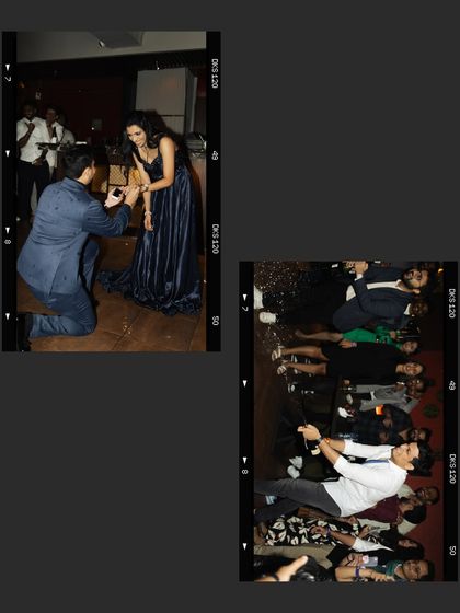 A collage from a cocktail party, showing the proposal and the champagne celebration. It captures the excitement and joy of the moment perfectly.