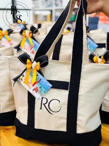 Customization is key. These reusable canvas tote bags, embroidered with personalized initials, are a stylish and practical gift for a destination wedding or corporate retreat.
