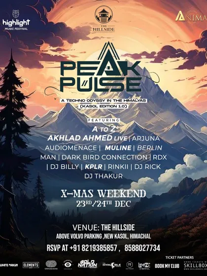 The flyer for Peak Pulse, a Christmas techno carnival in Kasol. We create a techno odyssey in the Himalayas with top-notch DJs and non-stop beats.