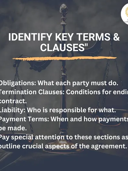 When reviewing a contract, pay close attention to key clauses like obligations, termination conditions, liability, and payment terms. These sections define the most critical aspects of your legal relationship with the other party.