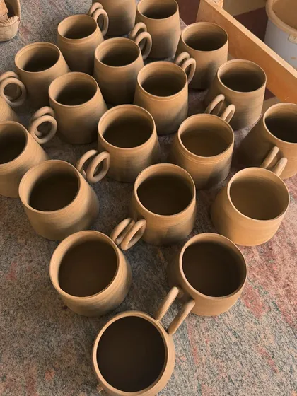 A family of freshly made stoneware mugs, waiting for their handles to dry. Each cylinder is thrown on the wheel, and the handles are pulled and attached by hand.