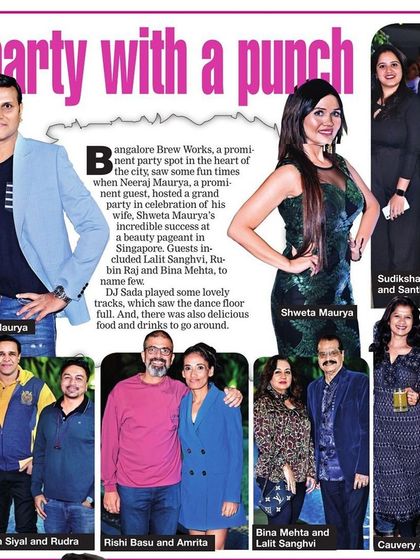 My work at the celebration for Shweta Maurya was featured in the Bangalore Times. The article highlights the event at Bangalore Brew Works and mentions that I played "some lovely tracks, which saw the dance floor full."