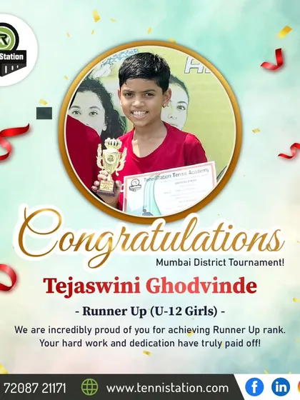 Congratulations to Tejaswini Ghodvinde on achieving the Runner Up rank in the U-12 Girls category at the Mumbai District Tournament.
