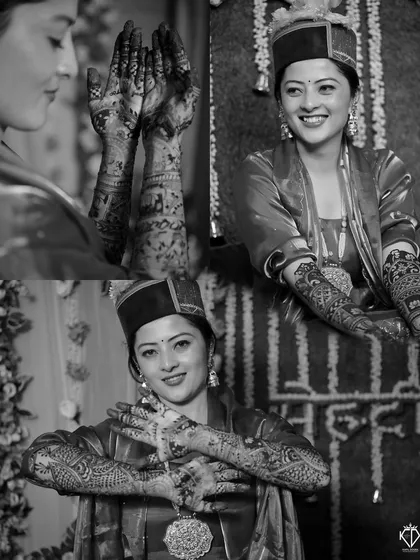 A collage capturing various moods of the bride during her Mehandi, from playful to serene.