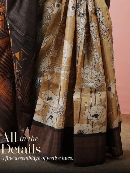 "All in the Details" - this graphic highlights the fine assemblage of festive hues and prints in our saree collection.