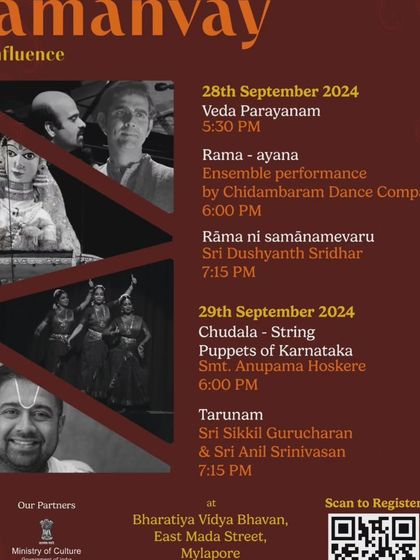 The schedule for 'Samanvay a confluence', an event featuring our string puppet show 'Chudala' at Bharatiya Vidya Bhavan, Mylapore.
