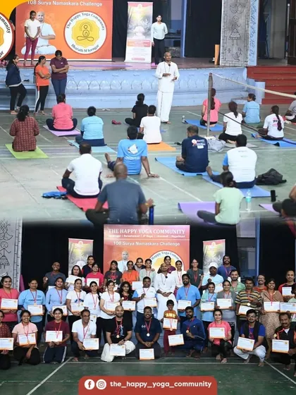 A collage from our 108 Surya Namaskara event, capturing the practice and the proud participants with their certificates. A day of unity and strength.