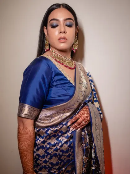 This image captures the beautiful texture and shimmer of the eyeshadows used for Sonia's reception look. The blend of deep blues and blacks created a multi dimensional effect.