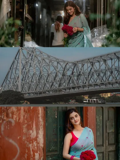 A collage that places the model within the iconic landscapes of Kolkata, including the Howrah Bridge. This visually connects the fashion to the cultural identity of the city.