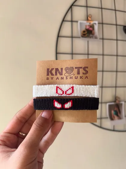 For all the Marvel fans, I made these custom Spider-Man friendship bracelets. Each one is hand-knotted with detailed Spidey eyes, available in both the classic black and white suit designs. They are perfect for you and your superhero-loving bestie.