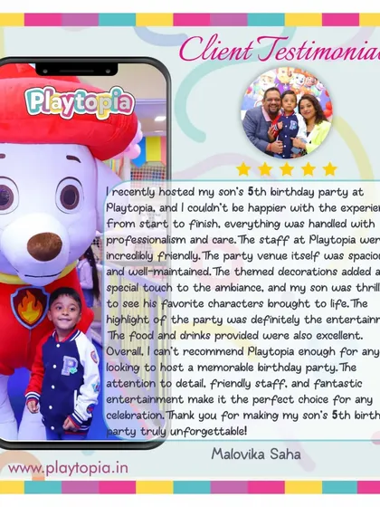 A client testimonial highlighting how thrilled their son was to see his favorite Paw Patrol character, Marshall, brought to life at his party.