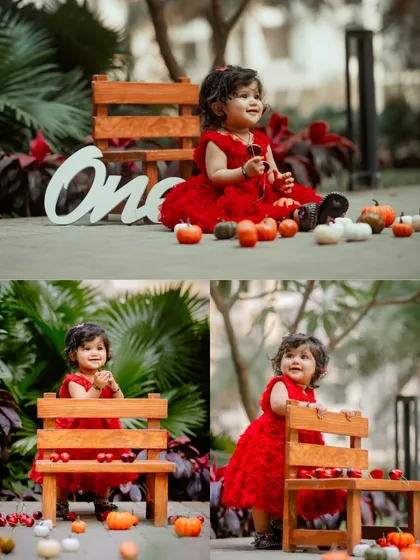 A collage of a baby girl in a vibrant red dress celebrating her first birthday outdoors, surrounded by festive props.