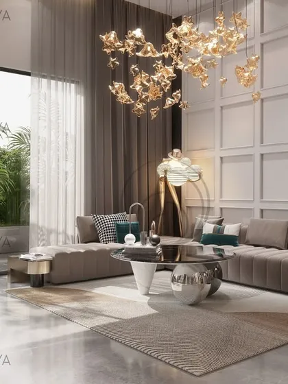 In this lounge concept, we grounded the expansive, light-filled space with layered lighting and rhythmic wall paneling. The design connects seamlessly to an outdoor green space, creating an interior that feels both voluminous and intimately connected to its surroundings.