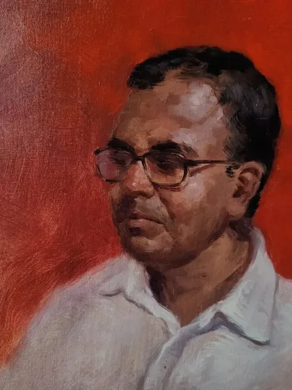 This oil on board portrait, "मामा," demonstrates my direct approach to painting, building up layers of colour to create a lifelike and textured image.