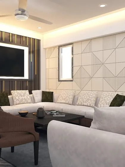 This 3D render focuses on the living room seating area. It features a large L-shaped sofa, a dark wood accent wall for the TV, and a geometric-patterned wall, adding layers of texture and interest.