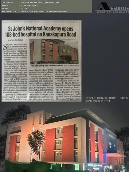 It was an honor to see my work on the St. John's Hospital featured in the Deccan Herald. This image combines a night view of the completed building with the press coverage, validating the project's success and its positive impact on the community.